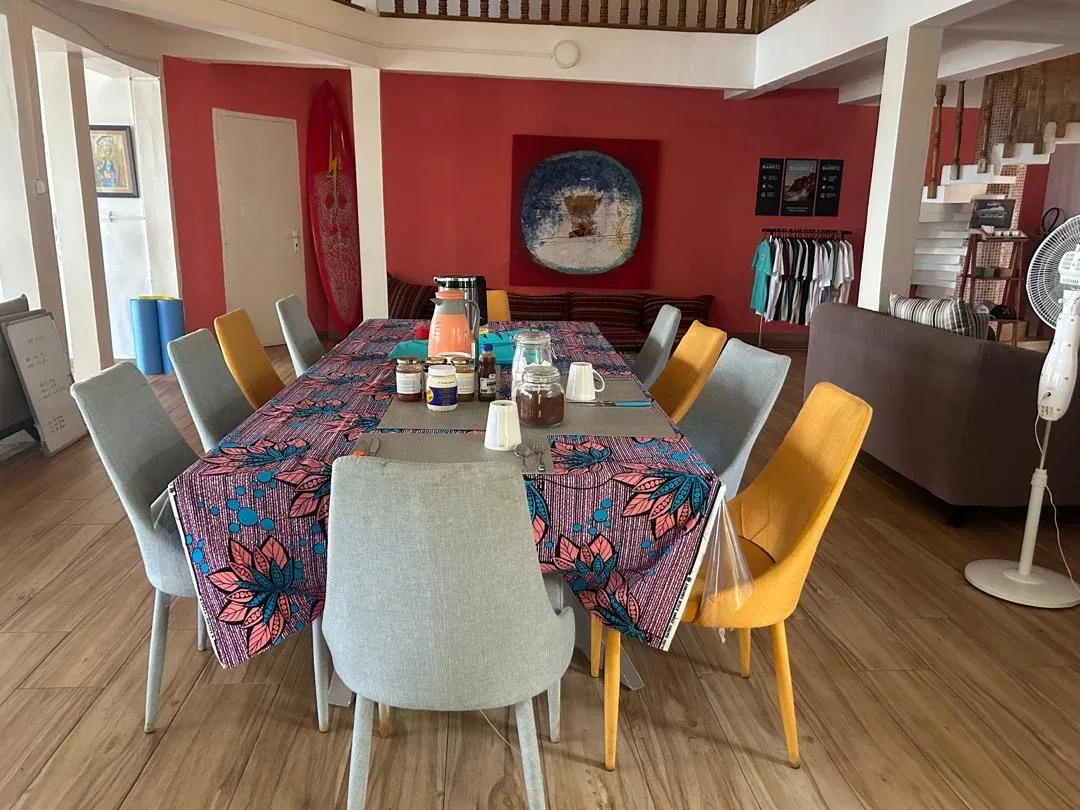 Cozy dining area at the surf camp.