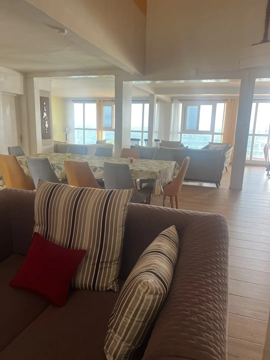 Cozy interior of the surf camp lounge.