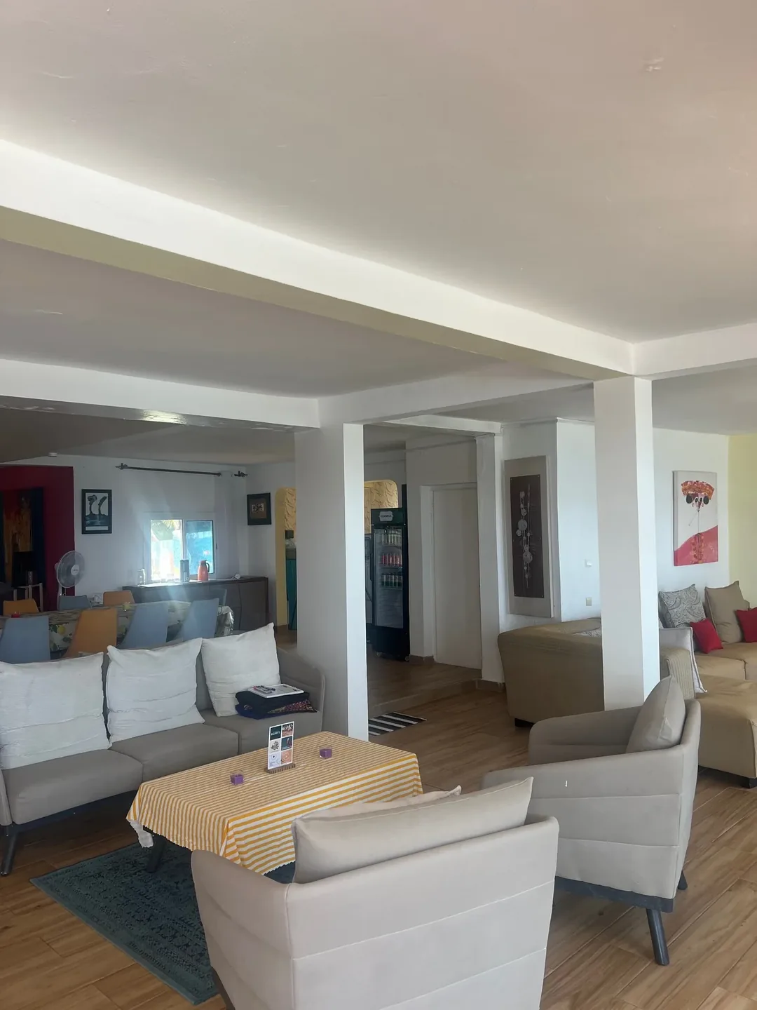 Cozy interior of the surf camp lounge.