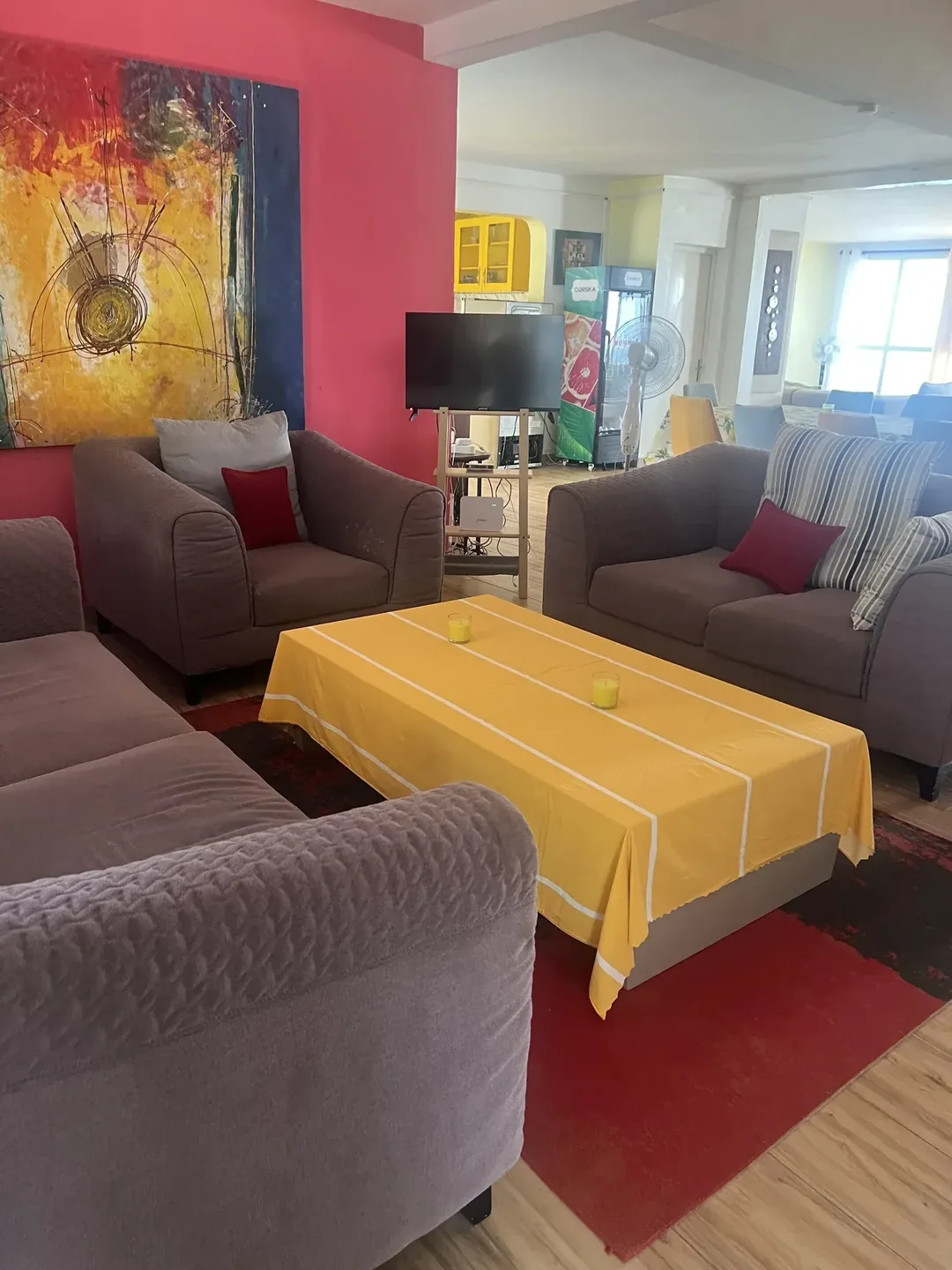 Cozy living area with colorful decor.